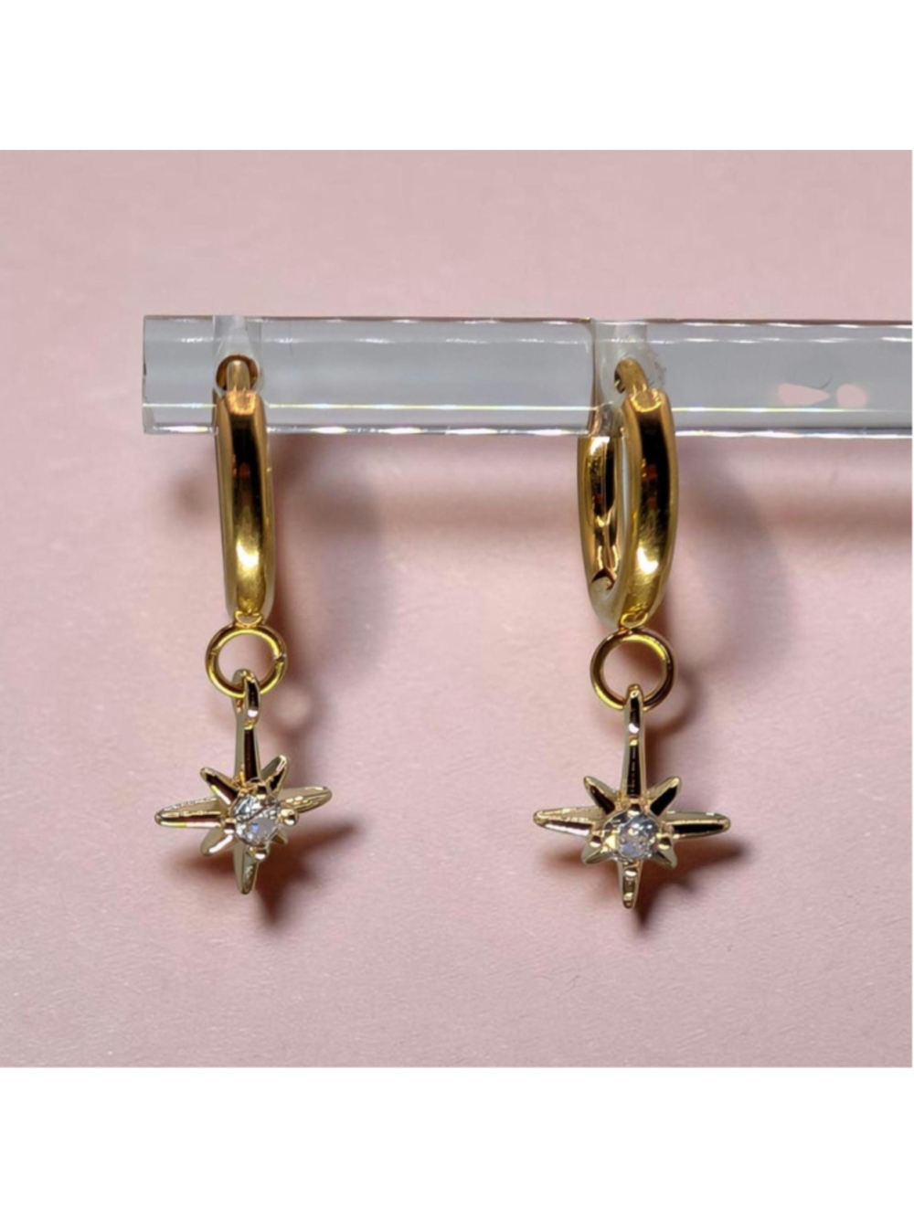Gold Star Huggie Earrings, Cubic Zirconia North Star Dangle